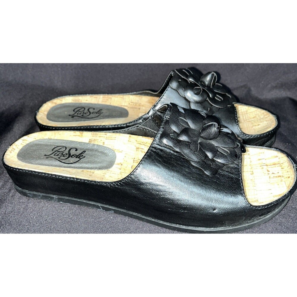 Pure Sole Cork Insole Sandals black leather with floral accent Women Sz 8 - Picture 10 of 14